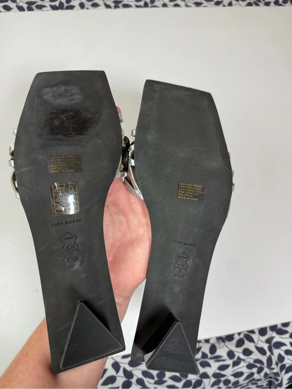 Tory Burch Black Crystal Bobble Silver Metallic Leather Square Toe Low Heels 8.5